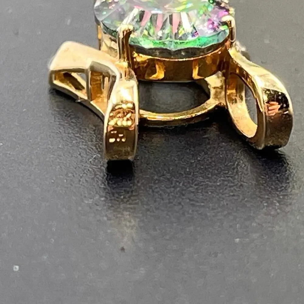 Yellow Gold 14k, 5 Ct Mystic Rainbow Topaz Glowing Gemstone Pendant Slider 3.7gr